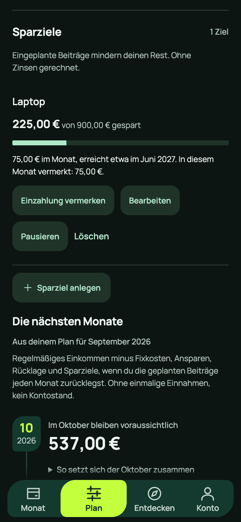 Restklar-Sparziel Laptop im Plan: 225 von 900 Euro gespart, 75 Euro im Monat, erreicht etwa im Juni 2027. Darunter beginnt die Vorschau der nächsten Monate: Im Oktober bleiben voraussichtlich 537 Euro.