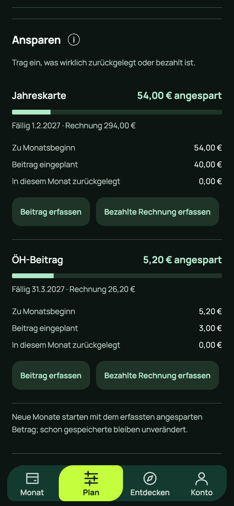 Restklar-Plan, Abschnitt Ansparen: Jahreskarte mit 54 Euro angespart, fällig am 1. Februar 2027, Rechnung 294 Euro, 40 Euro Beitrag eingeplant. Darunter der ÖH-Beitrag mit 5,20 Euro angespart, fällig am 31. März 2027, Rechnung 26,20 Euro, 3 Euro Beitrag eingeplant.