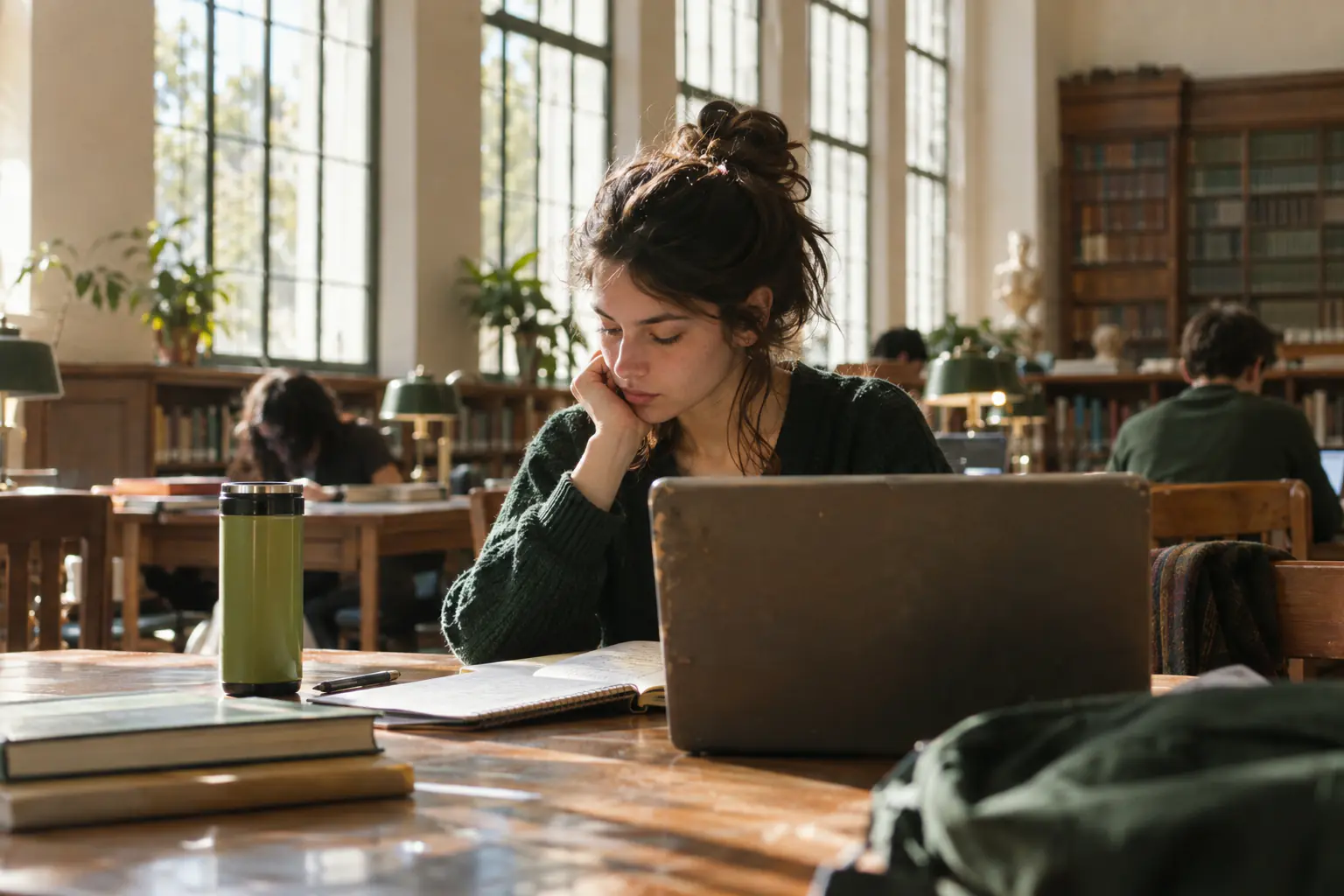 Studentin lernt in einem hellen Bibliothekssaal am Holztisch, vor ihr ein älterer Laptop, Notizen und eine grüne Thermoskanne (KI-generiertes Foto)