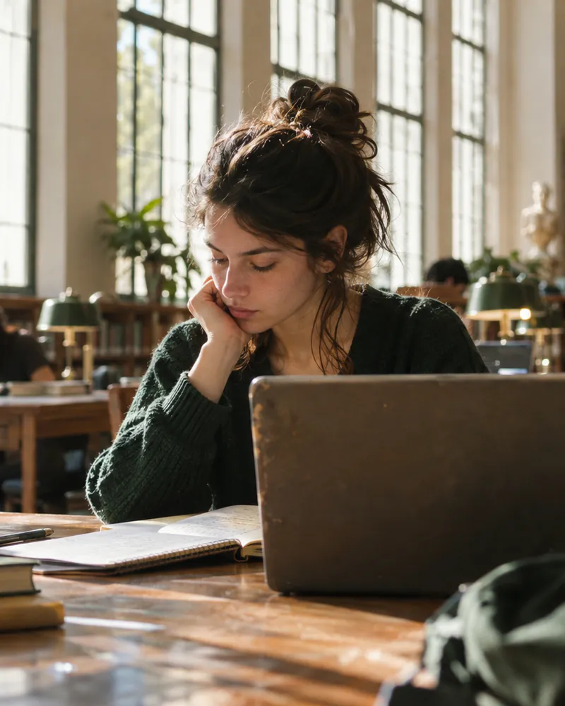 Studentin lernt in einem hellen Bibliothekssaal am Holztisch, vor ihr ein älterer Laptop, Notizen und eine grüne Thermoskanne (KI-generiertes Foto)