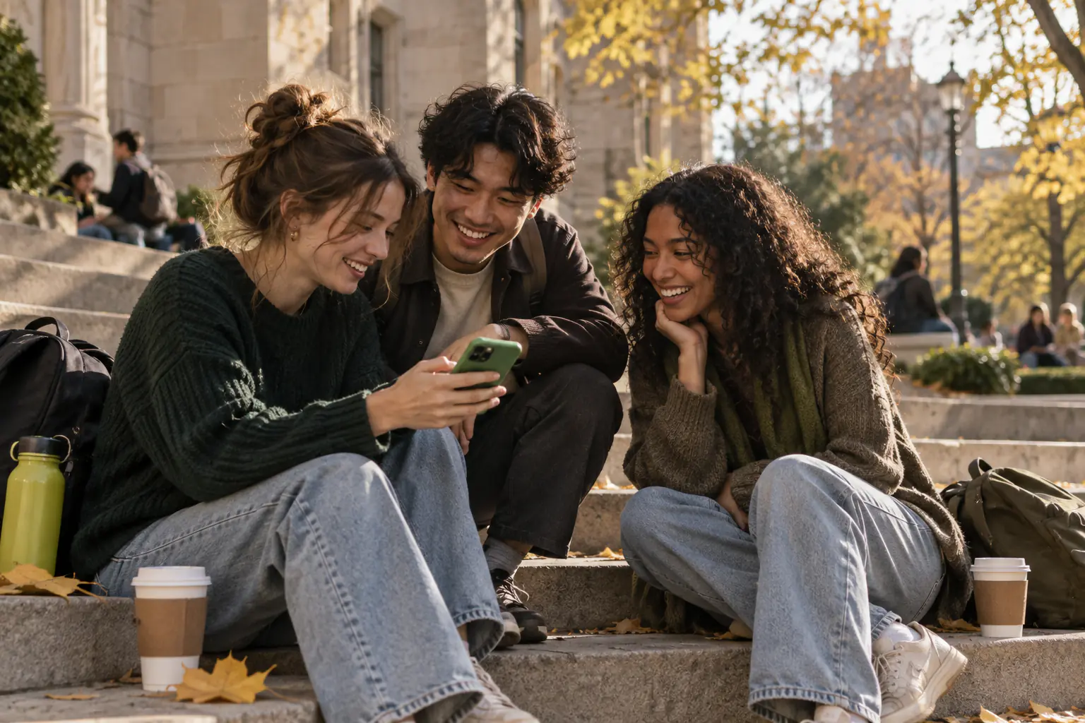 Drei Freunde sitzen im Herbst auf Steinstufen vor einem Universitätsgebäude und schauen lachend gemeinsam auf ein Handy, neben ihnen Kaffeebecher (KI-generiertes Foto)