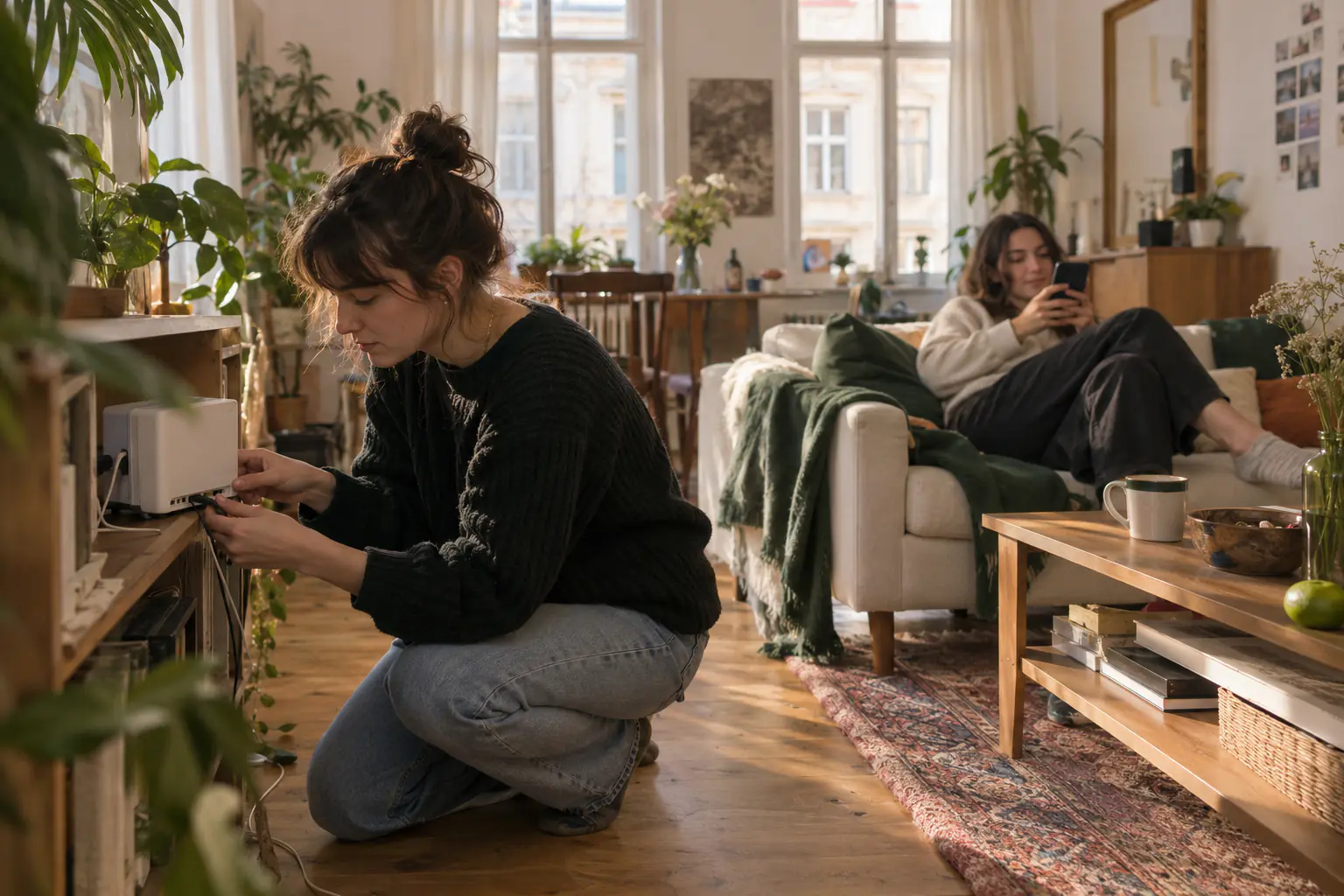 Junge Frau kniet im WG-Wohnzimmer vor einem Regal und steckt ein Kabel am Router ein, ihre Mitbewohnerin sitzt mit dem Handy auf dem Sofa (KI-generiertes Foto)