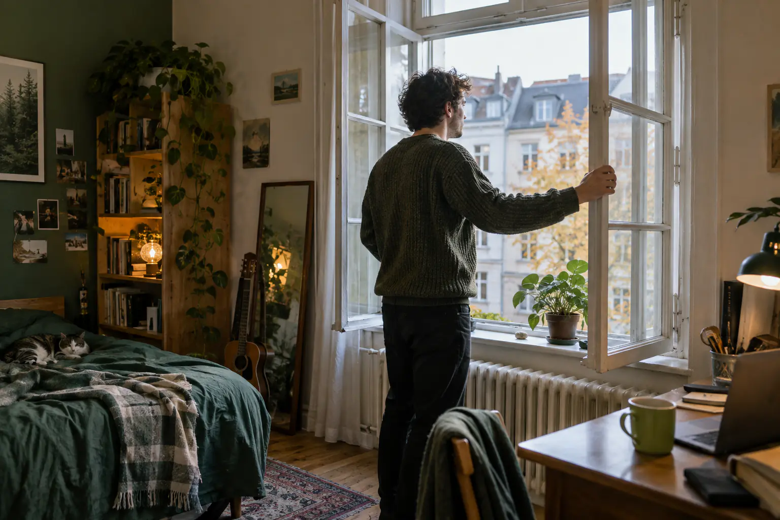 Junger Mann im Strickpullover öffnet in seinem Altbauzimmer das hohe Fenster zum Lüften, darunter ein weißer Heizkörper, auf dem Schreibtisch eine grüne Tasse (KI-generiertes Foto)