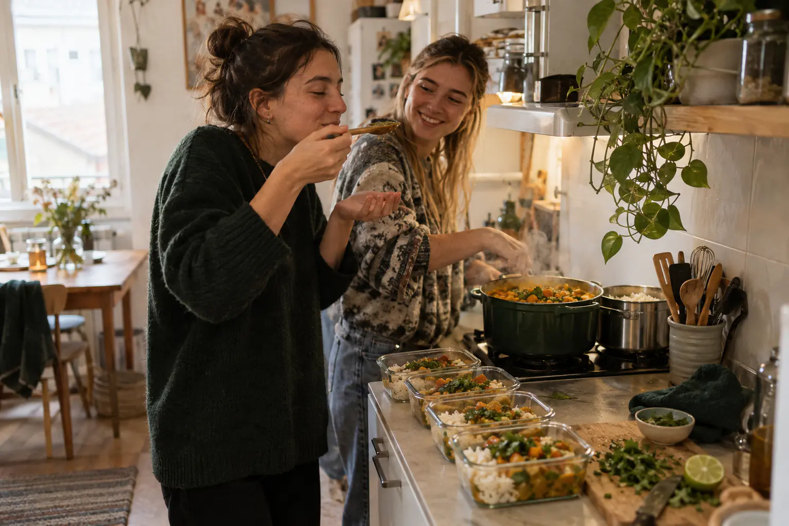 Zwei Freundinnen kochen in einer hellen Küche Curry; eine kostet vom Holzlöffel, auf der Arbeitsfläche stehen vier gefüllte Meal-Prep-Boxen mit Reis (KI-generiertes Foto)