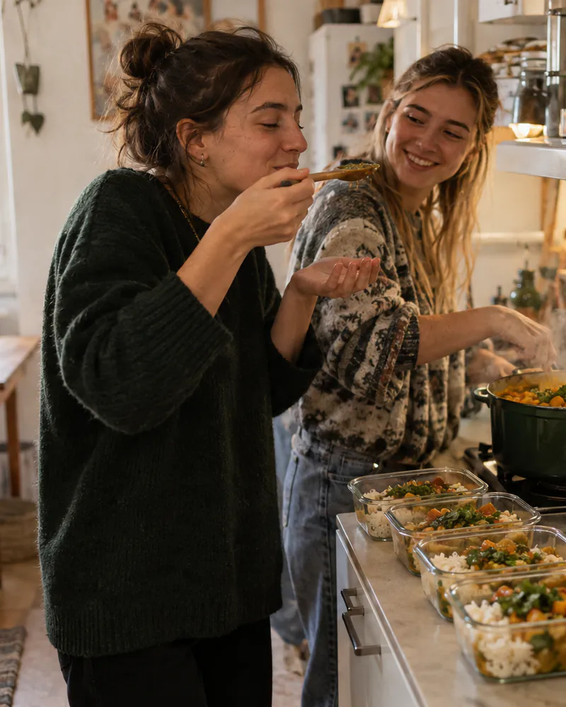Zwei Freundinnen kochen in einer hellen Küche Curry; eine kostet vom Holzlöffel, auf der Arbeitsfläche stehen vier gefüllte Meal-Prep-Boxen mit Reis (KI-generiertes Foto)
