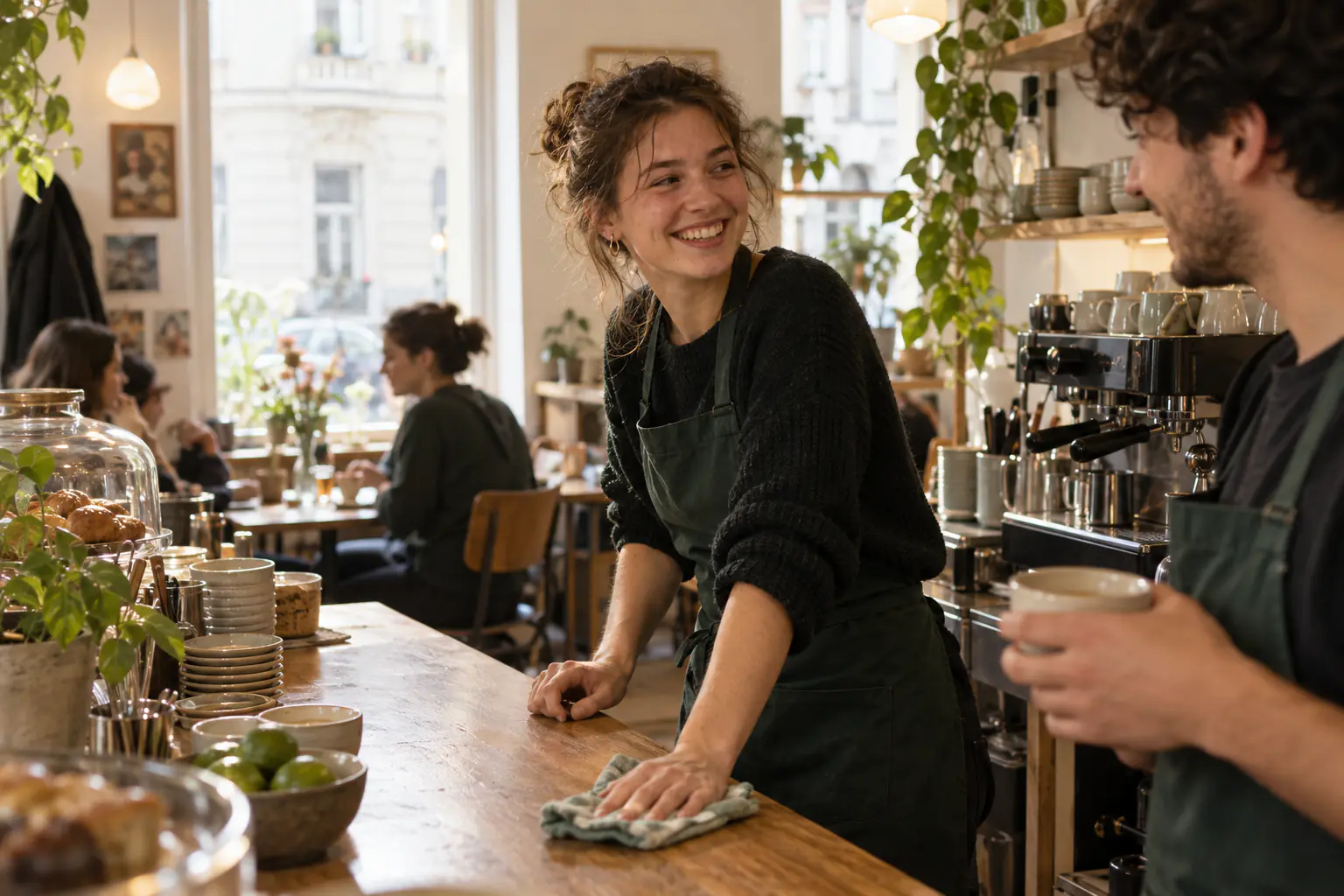 Studentin mit grüner Schürze wischt im Nebenjob die Theke eines Cafés ab und lacht einem Kollegen an der Kaffeemaschine zu (KI-generiertes Foto)