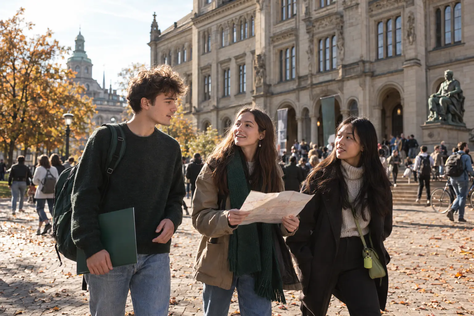 Drei Studierende gehen im Herbst über den Vorplatz einer historischen Universität, eine schaut auf einen Lageplan aus Papier, einer trägt einen Rucksack und eine grüne Mappe (KI-generiertes Foto)