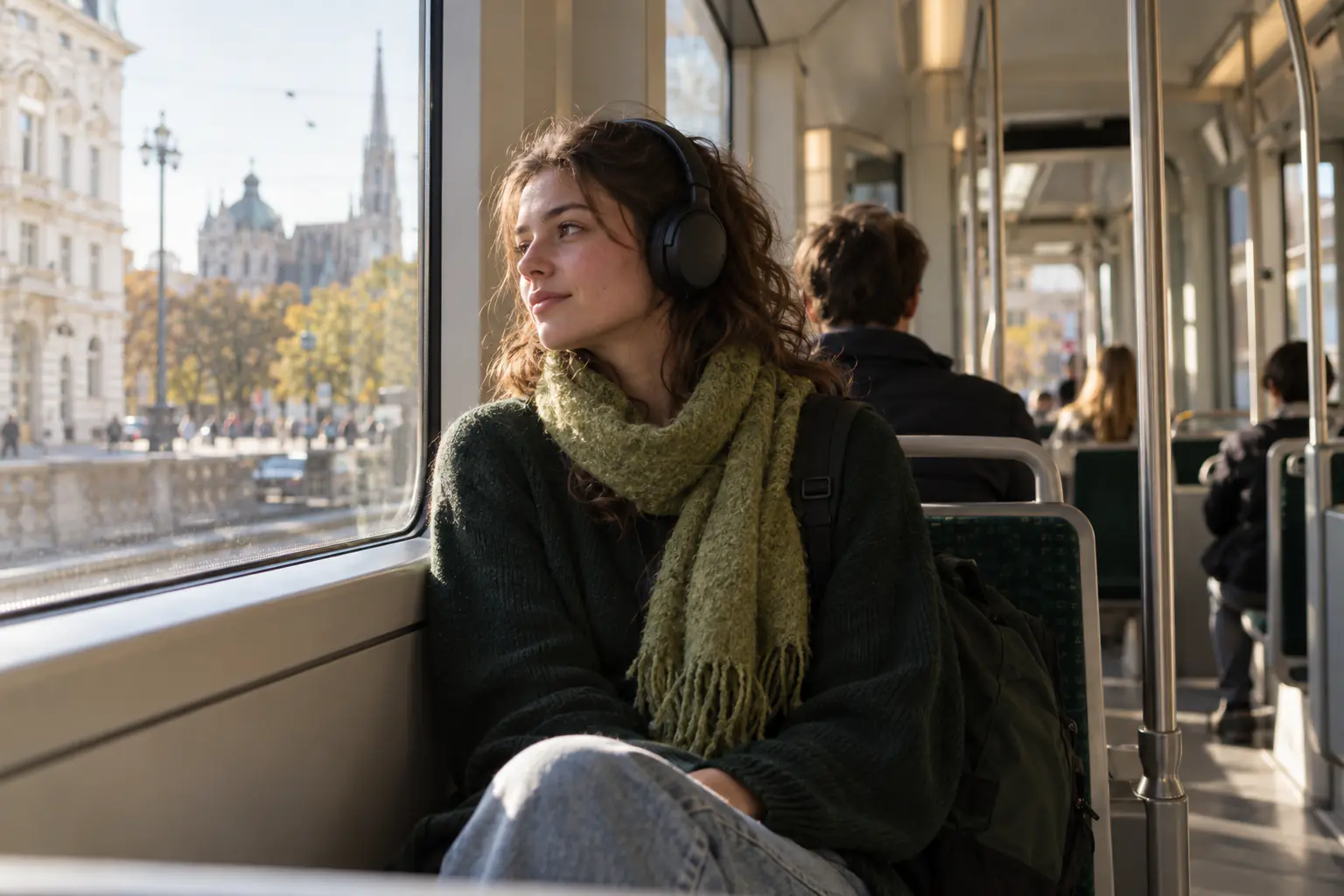 Studentin mit Kopfhörern und grünem Schal fährt Straßenbahn und schaut aus dem Fenster, draußen Altbauten und ein Kirchturm im Herbstlicht (KI-generiertes Foto)