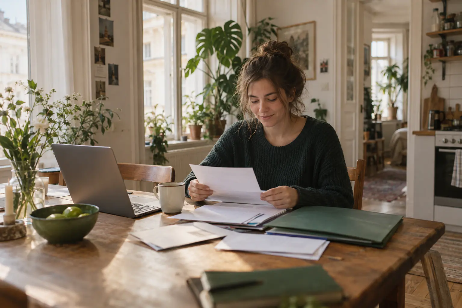 Junge Frau im grünen Pullover sitzt am Küchentisch einer Altbauwohnung und liest einen Brief, vor ihr Unterlagen, eine grüne Mappe, ein Laptop und eine Tasse (KI-generiertes Foto)