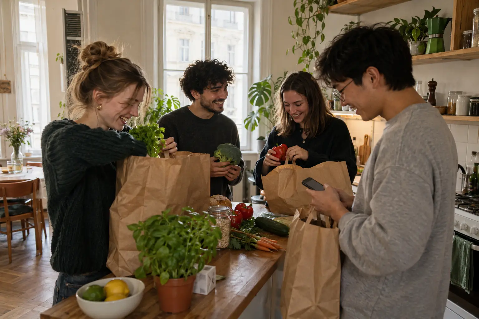 Vier Mitbewohnerinnen und Mitbewohner packen in der WG-Küche lachend Papiertüten mit Gemüse aus, einer tippt dabei etwas ins Handy (KI-generiertes Foto)