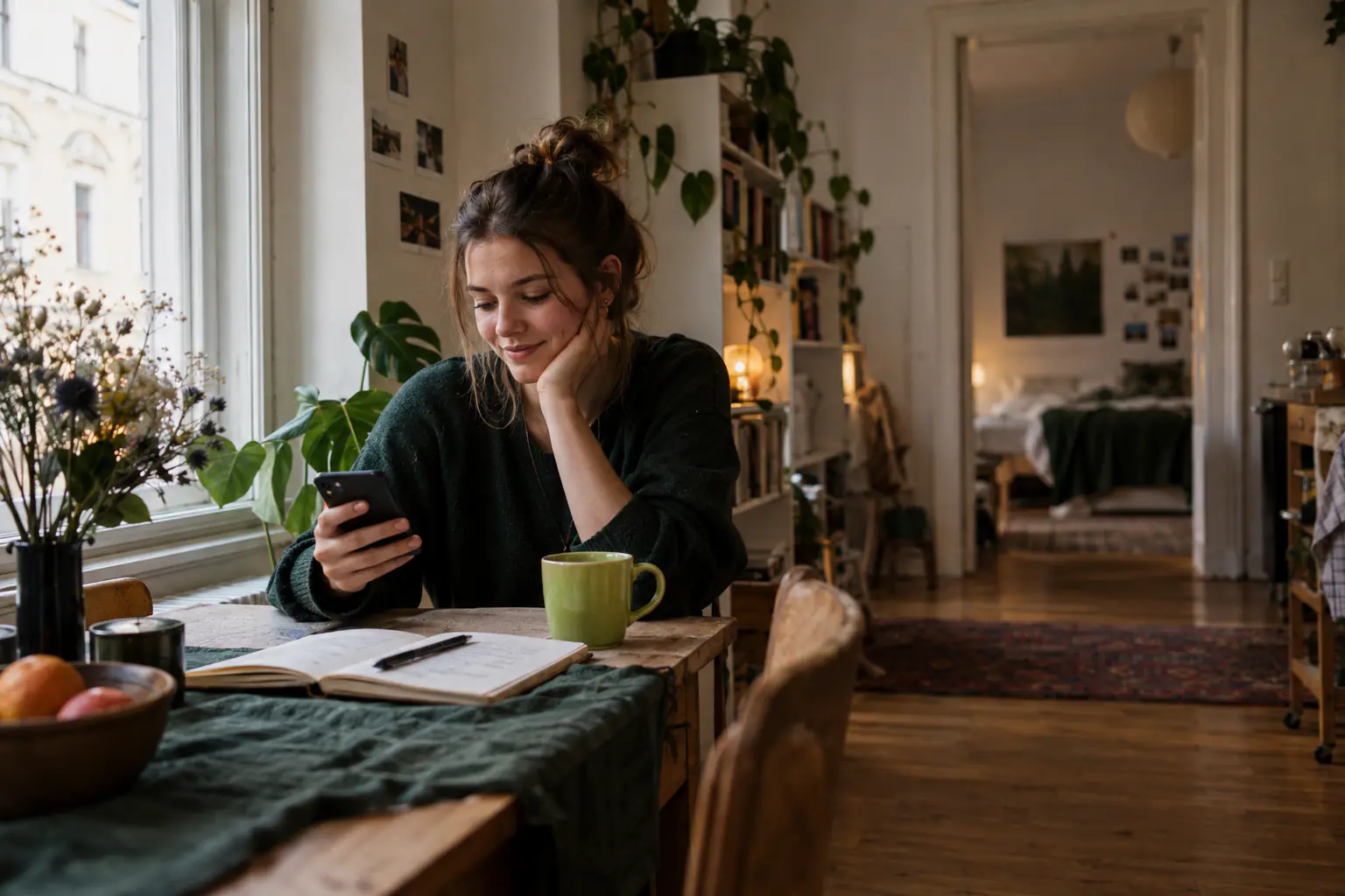 Junge Frau sitzt in einer Altbauwohnung am Holztisch und lächelt auf ihr Handy, daneben eine grüne Tasse und ein offenes Notizbuch (KI-generiertes Foto)