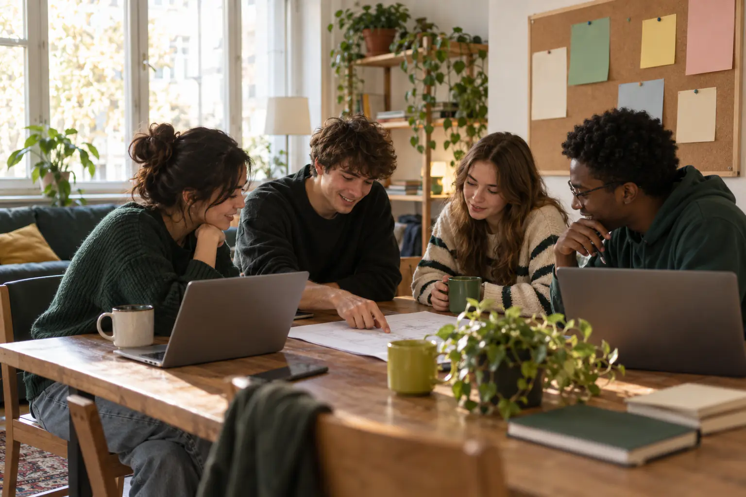 Vier Studierende sitzen im Gemeinschaftsraum eines Wohnheims mit Laptops und Tassen am Holztisch und besprechen einen Plan, dahinter eine Pinnwand (KI-generiertes Foto)