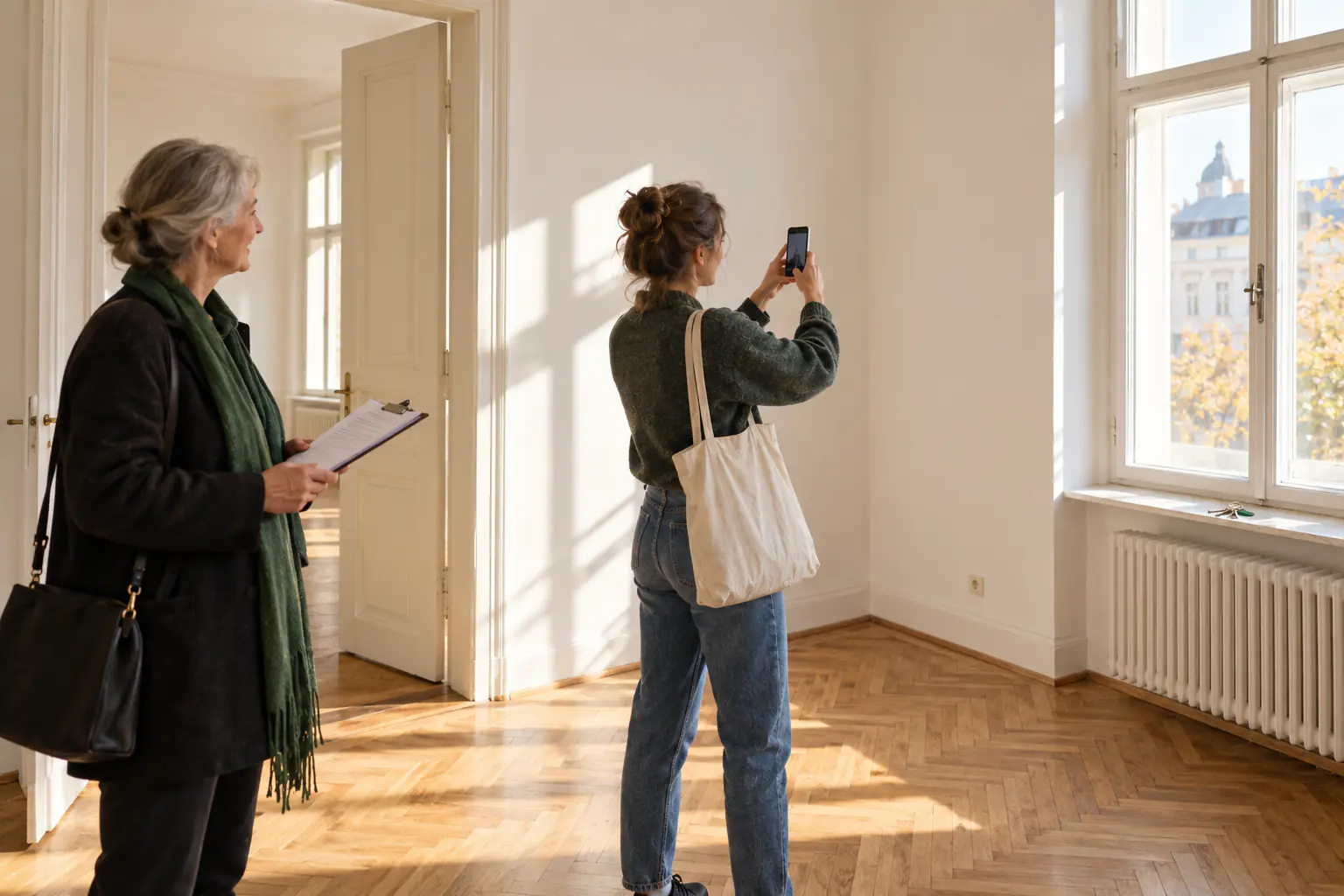 Wohnungsübergabe in einem leeren Altbauzimmer: Die Vermieterin hält ein Klemmbrett mit Protokoll, die junge Mieterin fotografiert mit dem Handy eine Wand (KI-generiertes Foto)