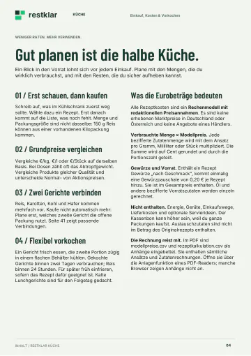 Seite „Gut planen ist die halbe Küche.“ mit vier Schritten: erst schauen, dann kaufen; Grundpreise vergleichen; zwei Gerichte verbinden; flexibel vorkochen. Daneben die Erklärung, wie die Eurobeträge als Rechenmodell mit redaktionellen Preisannahmen entstehen.