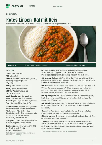 Rezeptseite Rotes Linsen-Dal mit Reis, vegan: Bild des Gerichts, 4 Portionen, 15 Minuten aktiv und 40 Minuten gesamt, Rechenmodell 0,62 Euro pro Portion. Darunter Zutaten, fünf Kochschritte, Garprobe, Tauschidee sowie Hinweise zum Aufbewahren und Einfrieren.