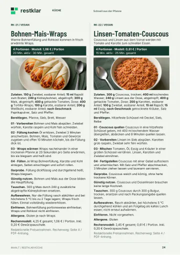 Seite mit zwei veganen Rezepten: Bohnen-Mais-Wraps, 20 Minuten aktiv, Rechenmodell 1,06 Euro pro Portion, und Linsen-Tomaten-Couscous, 15 Minuten aktiv, 0,61 Euro pro Portion, zubereitet mit kochendem Wasser in einer Schüssel. Jeweils mit Zutaten und vier Schritten.