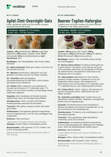 Seite mit zwei Frühstücksrezepten für je vier Gläser: Apfel-Zimt-Overnight-Oats, vegan, Rechenmodell 0,77 Euro pro Portion, und Beeren-Topfen-Haferglas, vegetarisch, 1,23 Euro pro Portion, mit Hinweisen zum Kühlen und zum sicheren Erhitzen der Tiefkühlbeeren.