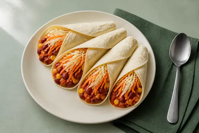Bohnen-Mais-Wraps, angerichtet (KI-generierte Illustration)