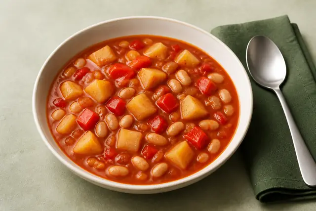 Bohnen-Paprika-Gulasch, angerichtet (KI-generierte Illustration)