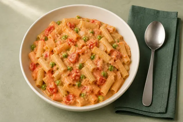 Cremige Tomatenpasta mit Frischkäse, angerichtet (KI-generierte Illustration)