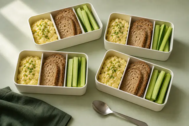 Eieraufstrich-Brotbox, angerichtet (KI-generierte Illustration)