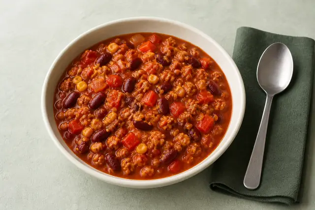 Geflügel-Chili mit Bohnen, angerichtet (KI-generierte Illustration)