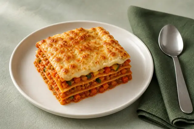 Gemüse-Lasagne aus dem Vorrat, angerichtet (KI-generierte Illustration)