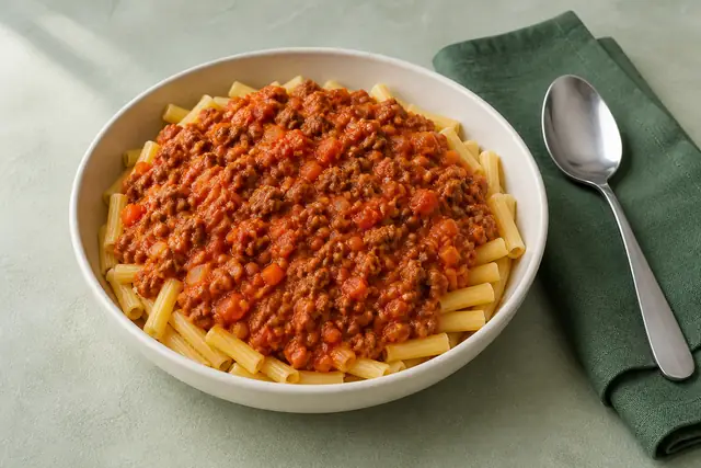 Hack-Linsen-Bolognese, angerichtet (KI-generierte Illustration)