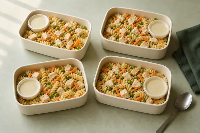 Hähnchen-Nudelsalat mit Joghurtdressing, angerichtet (KI-generierte Illustration)