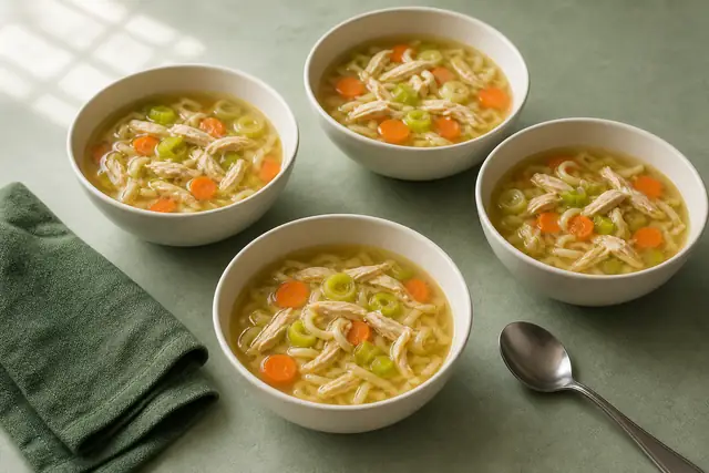 Hühner-Nudelsuppe, angerichtet (KI-generierte Illustration)
