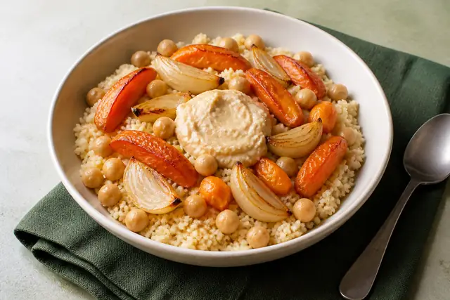 Karotten-Hummus-Couscous-Bowl, angerichtet (KI-generierte Illustration)