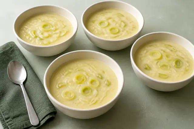 Kartoffel-Lauch-Suppe, angerichtet (KI-generierte Illustration)