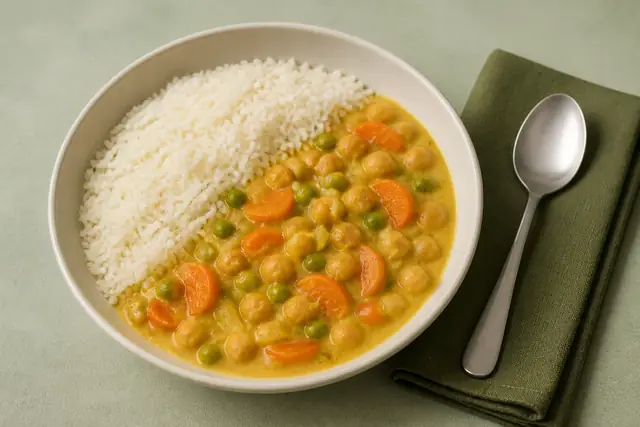 Kichererbsen-Kokos-Curry, angerichtet (KI-generierte Illustration)