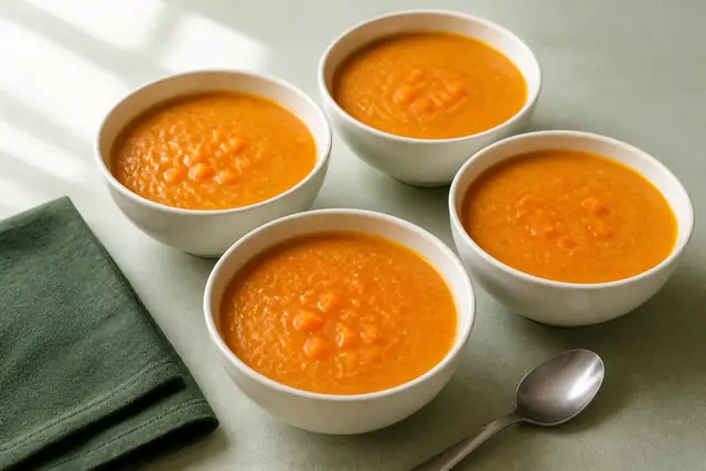 Linsen-Karotten-Suppe, angerichtet (KI-generierte Illustration)