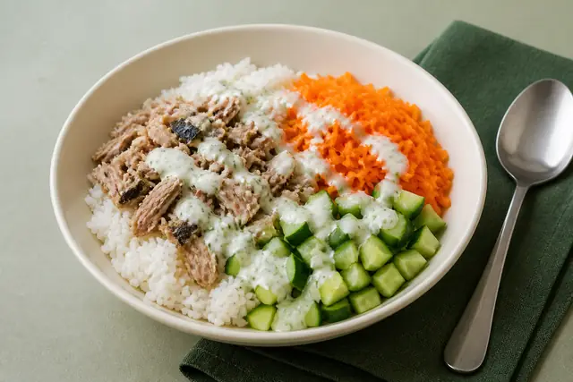 Makrelen-Reis-Bowl mit Gurke, angerichtet (KI-generierte Illustration)