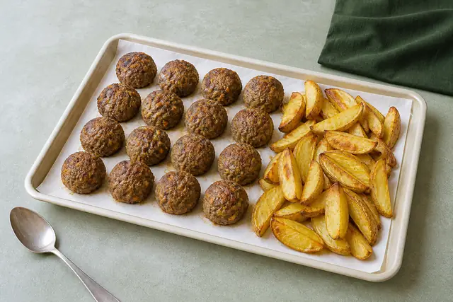 Ofenbällchen mit Kartoffelspalten, angerichtet (KI-generierte Illustration)