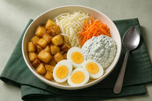 Ofenkartoffel-Bowl mit Ei und Kräutertopfen, angerichtet (KI-generierte Illustration)