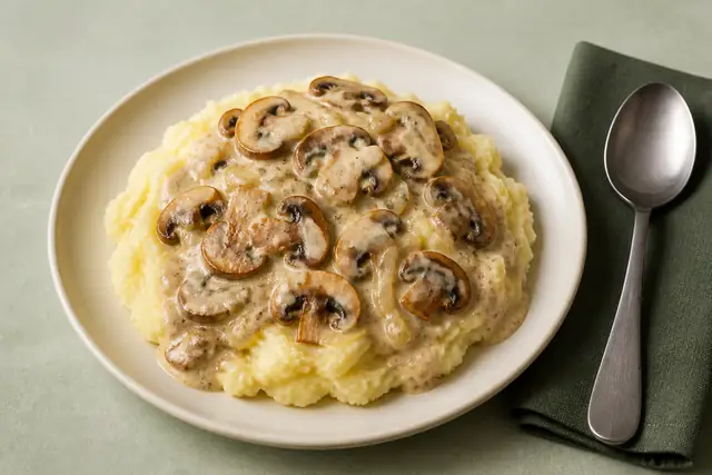 Pilzrahm mit Kartoffelstampf, angerichtet (KI-generierte Illustration)