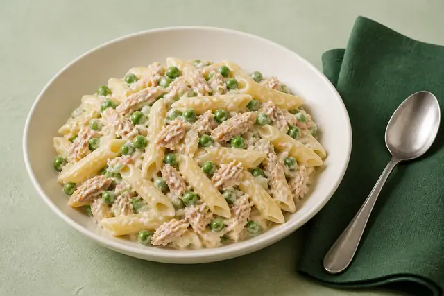 Thunfisch-Erbsen-Pasta, angerichtet (KI-generierte Illustration)