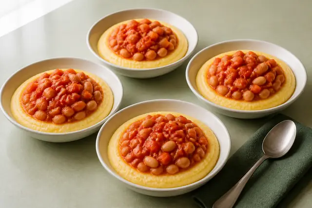 Tomatenbohnen auf Polenta, angerichtet (KI-generierte Illustration)