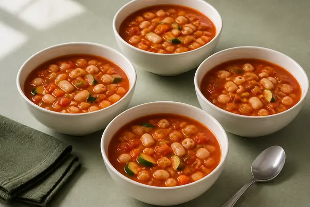 Vorrats-Minestrone, angerichtet (KI-generierte Illustration)