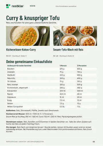 Seite aus dem Wochenplan: Kombination „Curry & knuspriger Tofu“ aus Kichererbsen-Kokos-Curry und Sesam-Tofu-Blech mit Reis. Gemeinsame Einkaufsliste mit Mengen für eine oder zwei Personen sowie Hinweise, welche Zutaten beide Gerichte teilen und wie Reis sicher aufbewahrt wird.
